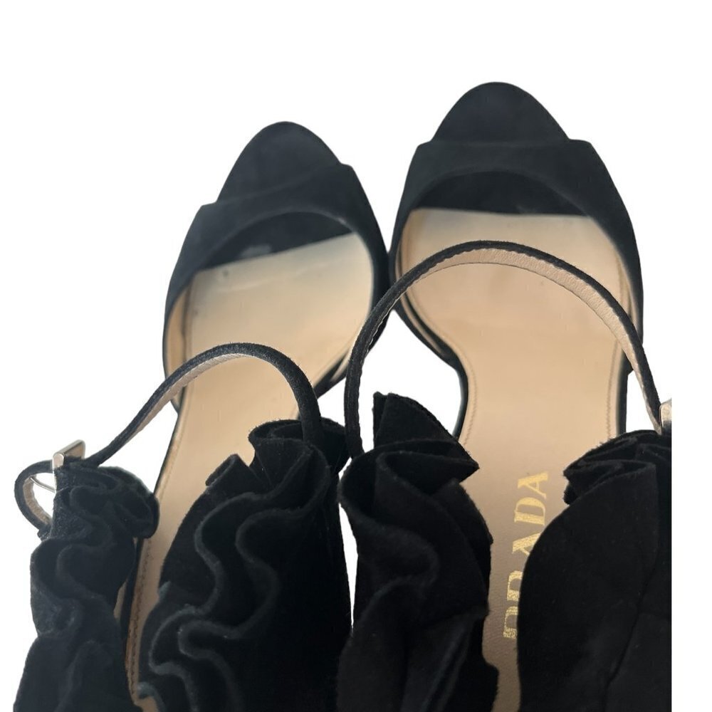 PRADA Open Toe Ruffle Suede Strap Ankle Heel Sandals Women's Size 7 Prom Formal - Picture 15 of 16